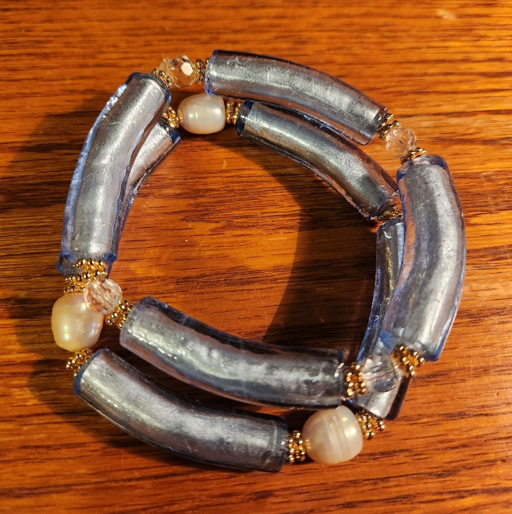 2 pc BlueVintage designer Glass/pearl elastic bracelet